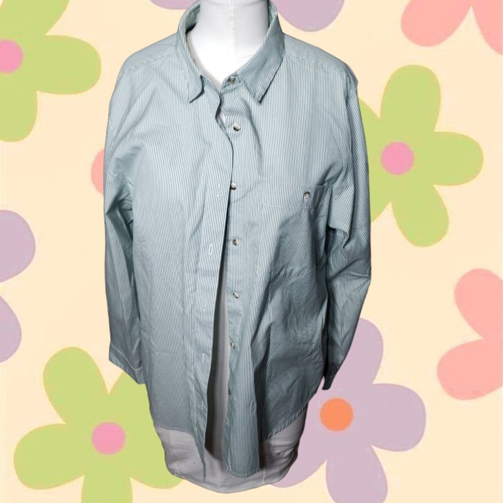 LL Bean Ladies' Striped Button Down Shirt - Green Striped Chambray Size 14